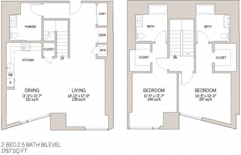 Floor plan for 2 beds, 2.5 baths, 1787 sqft